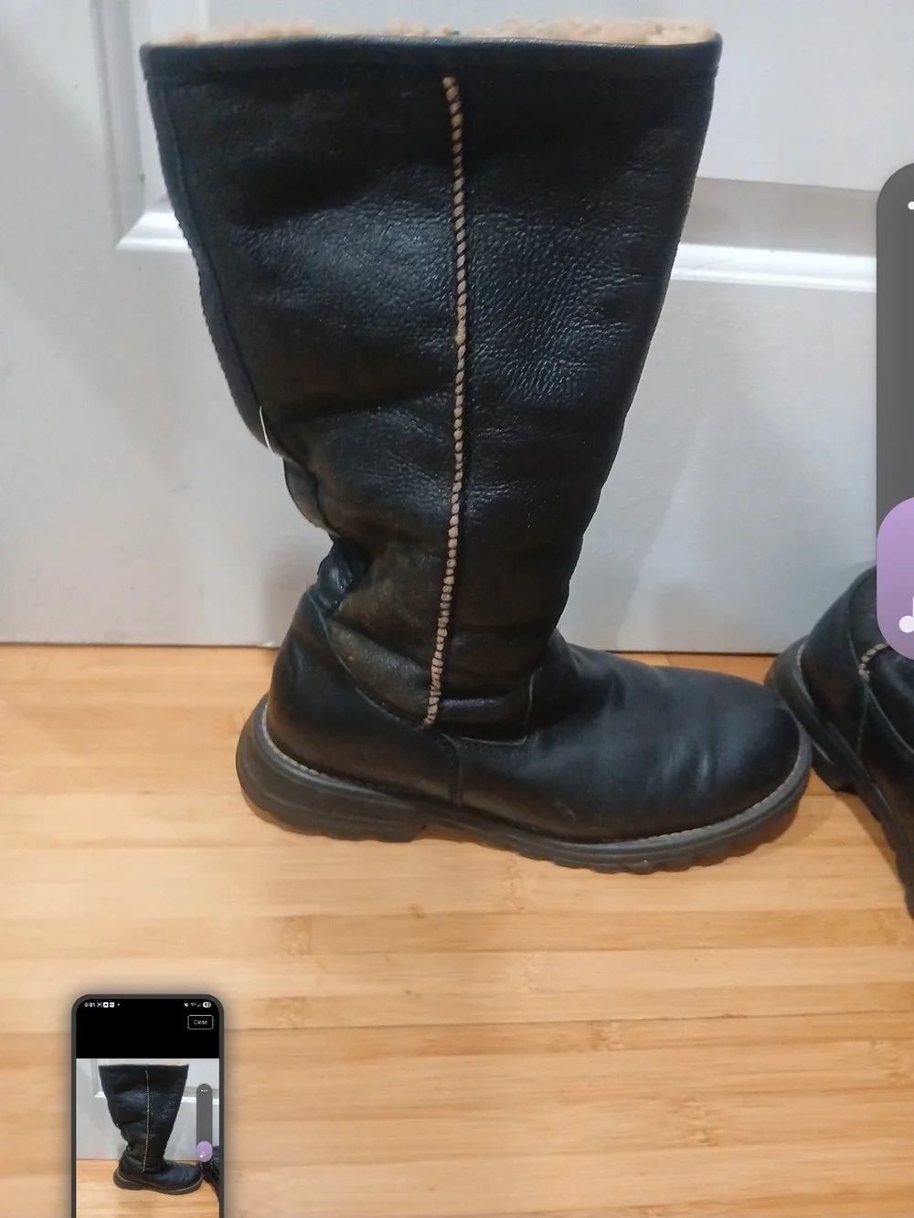 UGG Black Tall Leather Winter Boots with Shearling Trim